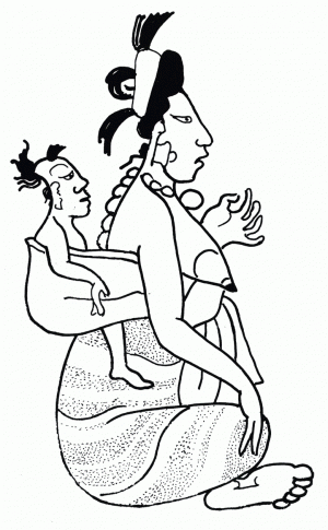Рис. 6.Мать, несущая на спине ребёнка, у которого растёт 3 пряди волос (перерисовано M. Sánchez from Fig.1.53, p. 50, in Houston et al.,2006, K7727)