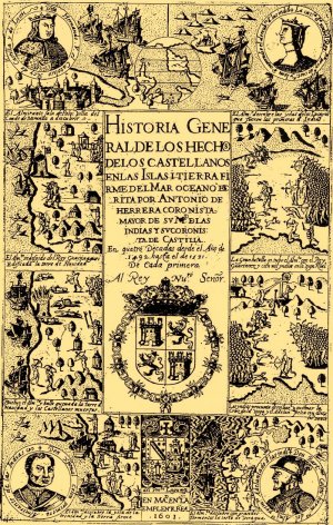 Титульный лист книги А. де Эрреры «Historia general de los hechos de los castellanos … Década primera», 1601.