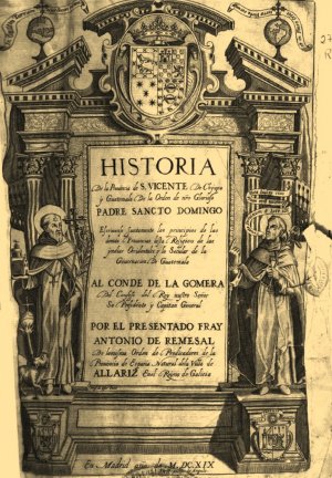 Титульный лист книги А. де Ремесаля «Historia de la provincia de San Vicente de Chiapas y Guatemala», 1619.