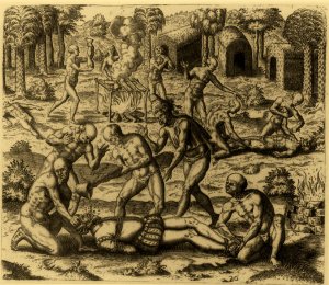 Убийства испанцев индейцами в Дарьене. Гравюра Теодора де Бри из книги «Collectiones peregrinatiorum …».