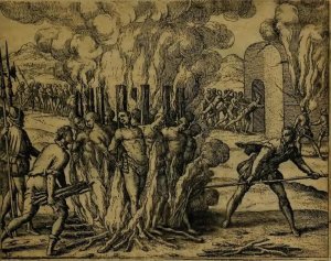 Казни пленных индейцев в Чолуле. Гравюра Иоганна Теодора де Бри из книги «Narratio regionum indicarum …».