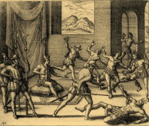 Избиение индейцев на празднестве в Мехико. Гравюра Иоганна Теодора де Бри из книги «Narratio regionum indicarum …».