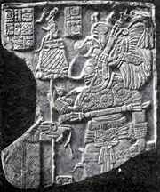 Рис. 12. Бог-распорядитель («Мам»), он же бог-карлик скипетров у майя классического периода, сидящий на циновке, на вершине шеста («кан-те» — майяск.; означает не только «дерево», но и «трон», «царское место»). Йашчилан. Барельеф на каменной притолоке 12. I тыс. н.э.