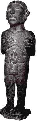 Хотя большинство ацтекских статуй изображает богов или знатных людей в богатых и пышных одеяниях, на этой фигуре нет ничего, кроме набедренной повязки, подобной тем, что можно увидеть на простолюдинах на иллюстрациях кодексов ||| 28Kb