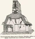 Продольный разрез Храма креста в Паленке. Показаны: гребень на крыше, ступенчатый свод и внутреннее святилище. Майя. ||| 56Kb