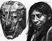 (слева) Посмертная маска из нефрита (гробница вождя). Паленке. (справа) Индеец-лакандон из района озера Лаканха. Чиапас.