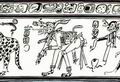 Глиняная ваза с иероглифической надписью двух типов: стандартной — вверху и индивидуальными — возле изображаемых фигур. В сцене представлены ягуар, божество-насекомое и обезьяна. Петен (Гватемала), 600-900 гг.