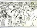 Три божества Подземного царства: первое — бог смерти (бог «А»), известное как по Дрезденской рукописи майя, так и по ацтекским источникам. Это Миктлантекухтли, владыка царства смерти, скелетообразное существо. Он танцует перед алтарем или подставкой, на которой лежит отрубленная человеческая голова. Роспись на сосуде майя. Кампече (Мексика), 600—900 гг.