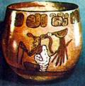 Бог с раковиной улитки — один из главных правителей царства смерти. Расписная ваза. Юкатан, конец классического периода