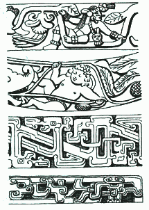 Близкие мотивы орнаментов: вверху - мотив полулежащего человека с побегами лотоса из Чичен-Ицы, Мексика, XI - XII вв., и аналогичный сюжет из Амаравати. Индия, II в.; третий сверху - спиральный орнамент с бронзового китайского сосуда. I тысячелетие до нашей эры; четвертый сверху - тот же мотив на каменном рельефе из Тихина, Мексика, I тысячелетие нашей эры