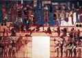 Фрагмент росписи со стены Храма I в древнем городе майя Бонампаке, Мексика. 800 г. н. э. Сражение и триумф победителей, изображенные на этих росписях, по своему общему стилю наиболее близки «батальной сцене» на керамическом сосуде
