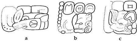 Варианты так называемого «эмблемного иероглифа» с головой летучей мыши. Вариант а – Стела 114; b – Стела 62 и с – Стела 59 (все из Калакмуля).