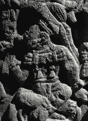 Фрагмент Алтаря Q, портрет К'ак'-Ути'-Виц'-К'авииля, которого в знак почтения к его преклонному возрасту изобразили восседающим не на именном иероглифе, а на титуле «владыка пяти к'атунов» (то есть человек, достигший возраста от 80 до 100 лет).