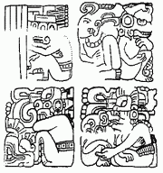 Фрагмент полнофигурной надписи из святилища «Храма 26». В обеих колонках записано имя Вашаклахуун-Уб'аах-К'авииля: справа майяская форма, а слева перевод мексиканизированными иероглифами.