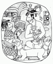«Овальная Палетка» (прорисовка Линды Шиле). Сцена коронации К'инич-Ханааб'-Пакаля I. Юный владыка получает от своей матери Иш-Сак-К'ук' мозаичный шлем «ко'хав», один из символов царской власти