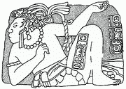 Монумент 122 из Тонины. Изображение баакульского царя К'инич-К'ан-Хой-Читама II в позе связанного, раздетого и полулежащего пленника.