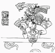 Портрет и именной иероглиф Акаль-Мо’-Наба на саркофаге Пакаля в Храме Надписей.