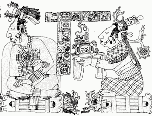 Прорисовка части «Дворцовой палетки», на которой изображены К'инич-Ханааб'-Пакаль I и его супруга Иш-Ц'акб'у-Ахав, вручающие К'инич-К'ан-Хой-Читаму II мозаичный шлем «ко'хав» и так называемый «фигурный кремень», то есть сочетание идеограмм TOK'-PAKAL, «оружие» (буквально «кремень-щит»)