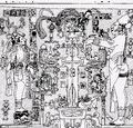 Прорисовка панели из «Храма Креста», на которой изображено цветущее «мировое древо», растущее из жертвенной чаши или жаровни. По бокам изображен К'инич-Кан-Б'алам II сначала юношей, а затем взрослым. Панель датируется 692 годом
