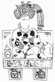 Стела 3 из Пьедрас-Неграс, установленная в 711 году. На монументе изображена трехлетняя дочь К'инич-Йо'наль-Ака II Иш-Хуунтан-Ак, облокотившаяся на колено своей матери, Иш-Винакхааб'-Ахав.