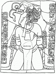 Монумент 172 из Тонины («Панель К'авииль-Мо'»), прорисовка. На этом памятнике изображен раздетый и связанный баакульский военачальник К'авииль-Мо', плененный К'инич-Б'аакналь-Чааком в 692 году.