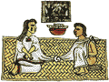 Иллюстрация из кодекса Мендосы показывает, что ацтекские молодожёны в буквальном смысле связывали себя узами брака. Церемония связывания одежды происходила у очага в доме жениха ||| 60Kb