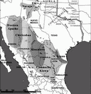 Примерные зоны конфликтов между независимыми индейцами и Северной Мексикой, ок.1844 г.