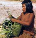 Река Амазонка. И мужчины и женщины племени каража занимаются изготовлением корзин и других предметов из растительных материалов. Во время работы вязальщица сидит на подстилке, сплетенной из листьев пальмы