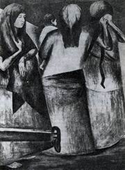 X. К. Ороско. Вдовы. Фрагмент. Фреска. 1926—1927. Галерея Большого двора Национальной подготовительной школы. III этаж