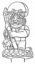 Рис. 9. Фигура клыкастого бога и мальчика с набалдашника церемониальной палки-копалки, найденной в захоронении мочикского воина-священнослужителя в Уака-де-ла-Круз, долина Виру. Высота около 6 дюймов. (По рисунку Стронга.) ||| 30Kb