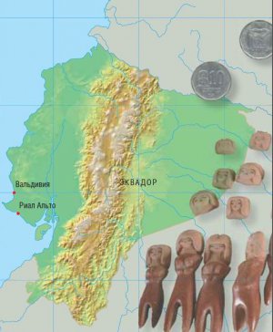 Карта тихоокеанского побережья Эквадора. Местоположение памятников Вальдивия и Риал-Альто