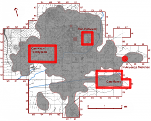 Карта Теотиуакана с обозначением мест концентрации населения в эпиклассический и постклассический периоды (карта по R. Millon, 1973; данные по C.P. Garraty «Aztec Teotihuacan…», 2006 и Z. Nelson «Obsidian biface production at Teotihuacan…», 2009)