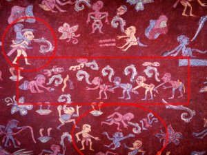 Фрагмент фрески из Тепантитлы, на котором выделены три упомянутые в главе игры. Фото: Daniel Lobo (flickr)