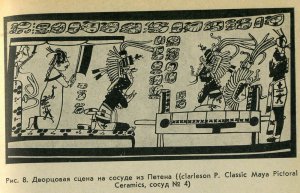 Рис 8. Дворцовая сцена на сосуде из Петена (Clarkson P. Classic Maya Pictoral Ceramics, сосуд № 4)