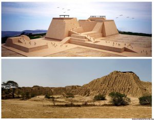 Археологический комплекс Уака-Рахада, где была найдена гробница культуры Мочика («Правителя Сипана»). Современное фото и реконструкция