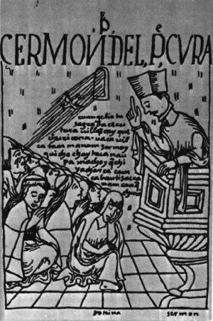 «Проповедь приходского священника», иллюстрация Филипе Г уамана Помы де Айалы (1526-1613?) к его книге «Nueva Cronica у Buen Gobierno»