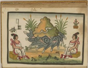 На этой иллюстрации кодекса Товара изображен Коатепек - он представлен в виде холма со змеей на нем. Справа сидит Теноч. Слева находится Точцин из Кальпана. Два правителя сидят на плетеных тронах.