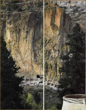 Руины пуэбло примыкают к северной стене каньона Фрихолес в национальном заповед­нике Банделье в Нью-Мексико. Дополни­тельные комнаты были высечены прямо в мягкой вулканической породе на поверхно­сти отвесной скалы. Изобретательный гончар-анасази починил искусно расписан­ный сосуд (справа), связав его волокнами или сухожилиями, которые он продел сквозь просверленные в ободке дырочки.