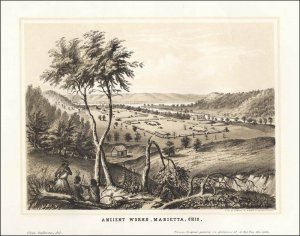 Фронтиспис "Древние монументы долины Миссисипи", Эфраим Сквиер и Эдвид Дэвис, 1848 г.