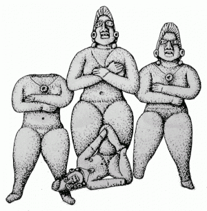 96. Эта ритуальная сцена из четырех фигурок может представлять захоронение высокостатусного индивида с тремя сопровождающими. Дом 16, Сан-Хосе-Моготе. Высота самой высокой фигурки 15 см.