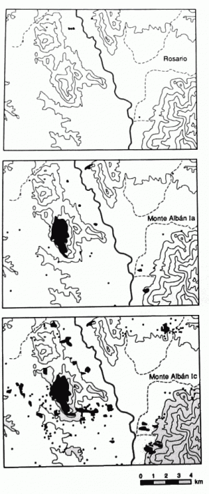 158-160. Сообщества центральной части долины Оахака. (Вверху) фаза Росарио. (В центре) Монте-Альбан Ia. (Внизу) Монте-Альбан Ic.