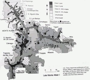 162. Сорок важных поселений фазы Поздний Монте-Альбан I, наложенные на карту классов с/х земель долины Оахака. (Более 700 меньших поселений пропущено).