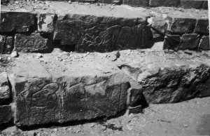 174. Резные камни с изображением убитых пленных, повторно использованные в качестве ступеней в более поздней лестнице Здания L в Монте-Альбане. Размеры нижней резной ступеньки 88 на 35 см.