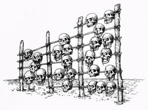 241. Художественная реконструкция йагабетоо, или стены черепов, оставленной сапотекскими завоевателями Ла-Койотера в Куикатлан-Каньяда.