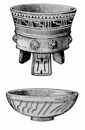 285. Сосуды в теотиуаканском стиле, найденные в Монте-Альбане. Цилиндрическая миска на треножнике с ножками в виде вогнутых плиток, и миска в виде полусферы на кольцевой подставке оранжевого цвета.