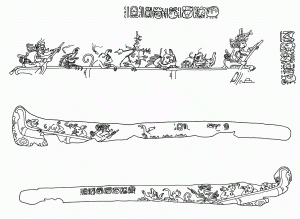 На этих резных костях из "Погребения 116" в Тикале изображены "боги-гребцы", которые в своем каноэ перевозят по водам подземного мира Бога маиса Ишиима и различных животных. Прорисовки Л. Шиле