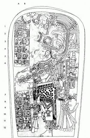 Потрет Йаш-Нуун-Ахиина II на стеле 22 из Тикаля. Прорисовка У. Ко