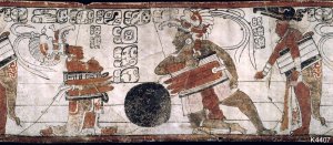 Сцена на майяской вазе, где запечатлена игра знатных лиц.
