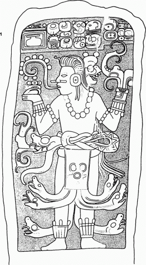 Стела 13 из Сейбаля, прорисовка Я. Грэхэма. Яркий образец позднего монумента, отличающегося от традиционного майяского канона. Эта и некоторые другие стелы считались признаком усиления чужеземного влияния в Сейбале в IX веке.
