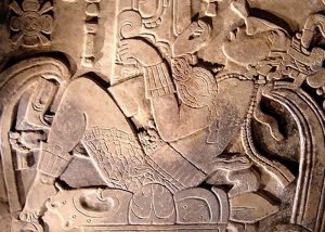 Душа К’инич Ханааб Пакаля в загробном мире. Рельеф на крышке саркофага в "Храме Надписей".